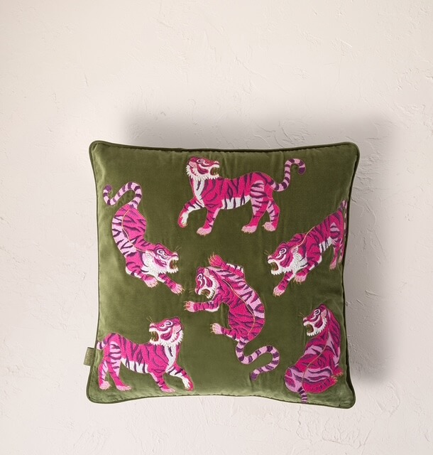 Wild Tiger Fern Green Velvet Cushion